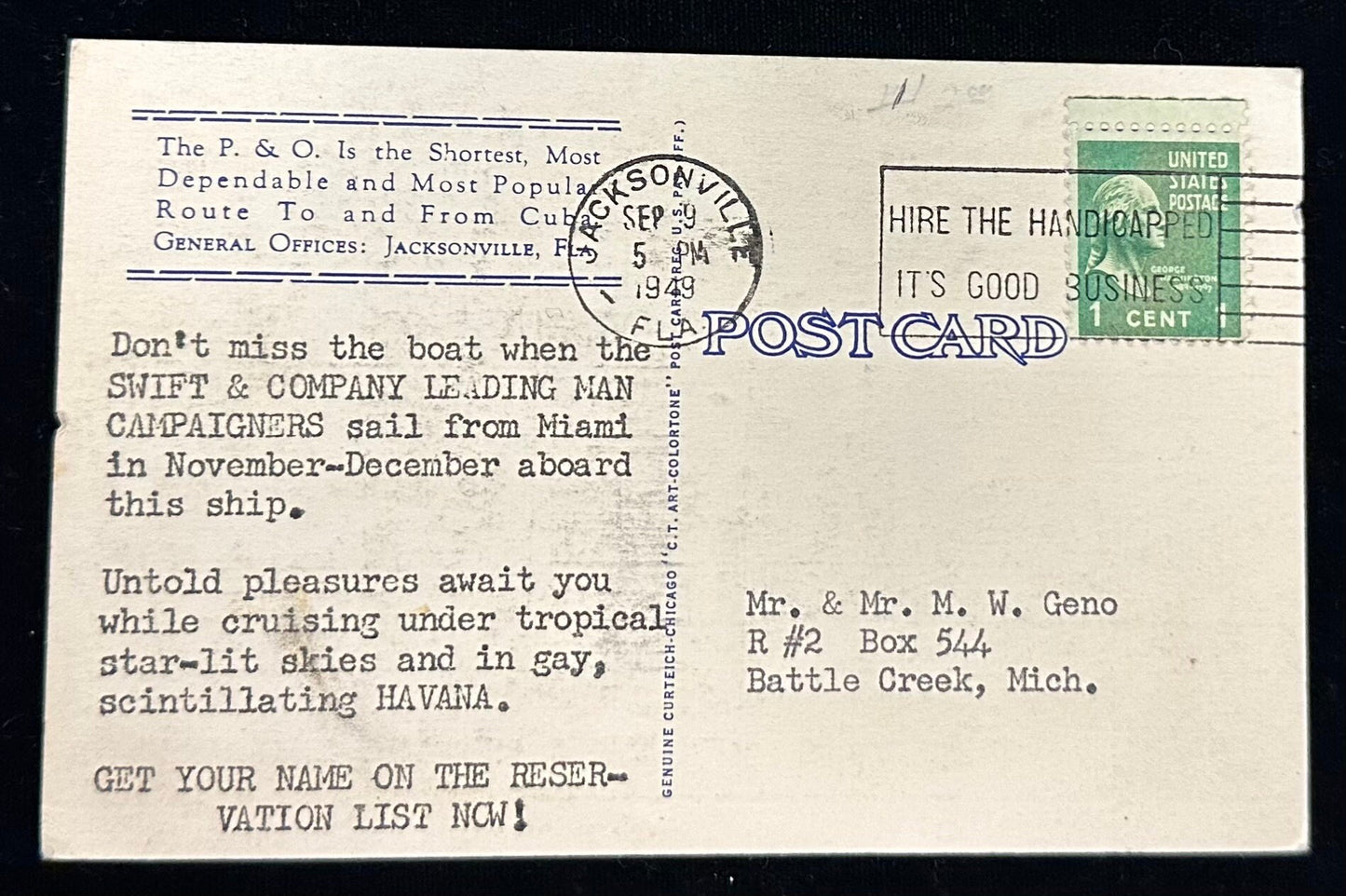 P. & O. Turbine Passenger Steamship "Florida" (Bound to Havana, Cuba) - Vintage Postcard