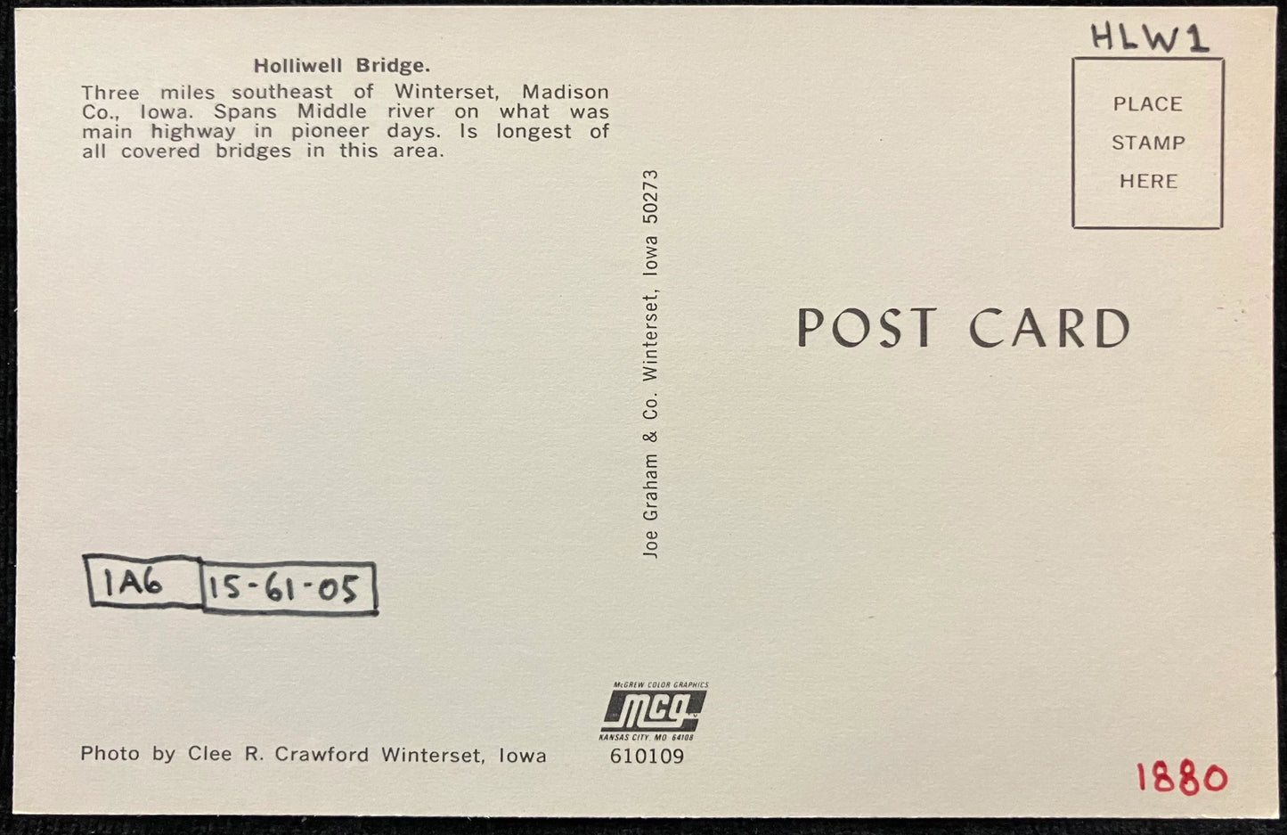 Holliwell Bridge - Winterset, Iowa - Photo: Clee R. Crawford - Vintage Covered Bridge Postcard