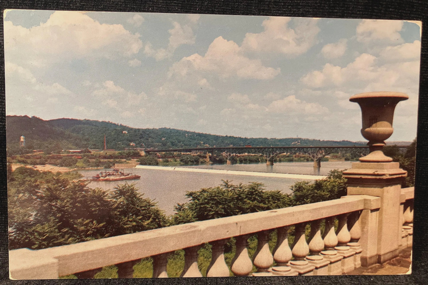 Allegheny River and Highland Park Bridge - Pittsburgh, Pennsylvania -by Paul M. Penney -Vintage Pittsburgh Postcard- River Cargo Carriers -