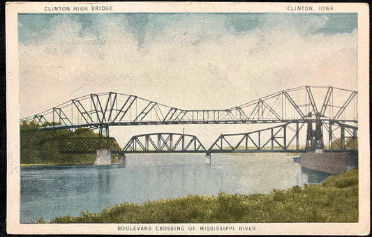 Boulevard Crossing of Mississippi River - Clinton High Bridge - Clinton, Iowa - Vintage Postcard