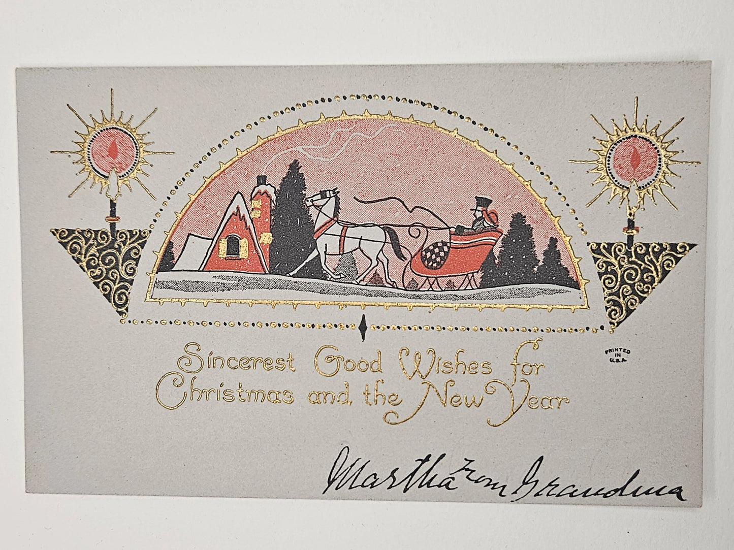 Horse and Buggy Christmas Card "Sincerest Good Wishes" With Gold and Pink Engraving on Art Deco Details - 1920s card - signed
