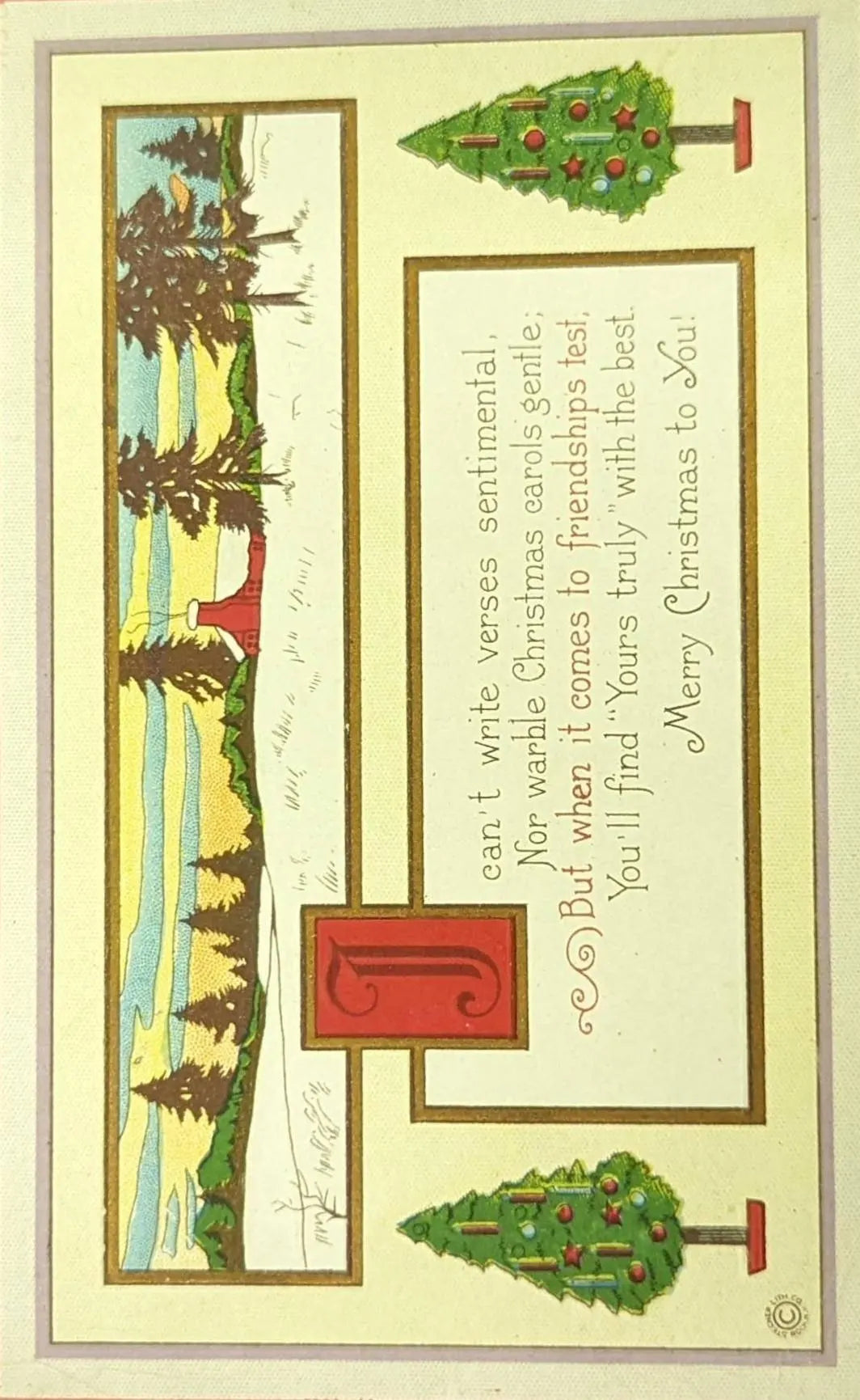Vintage Christmas card with scenic illustration and text