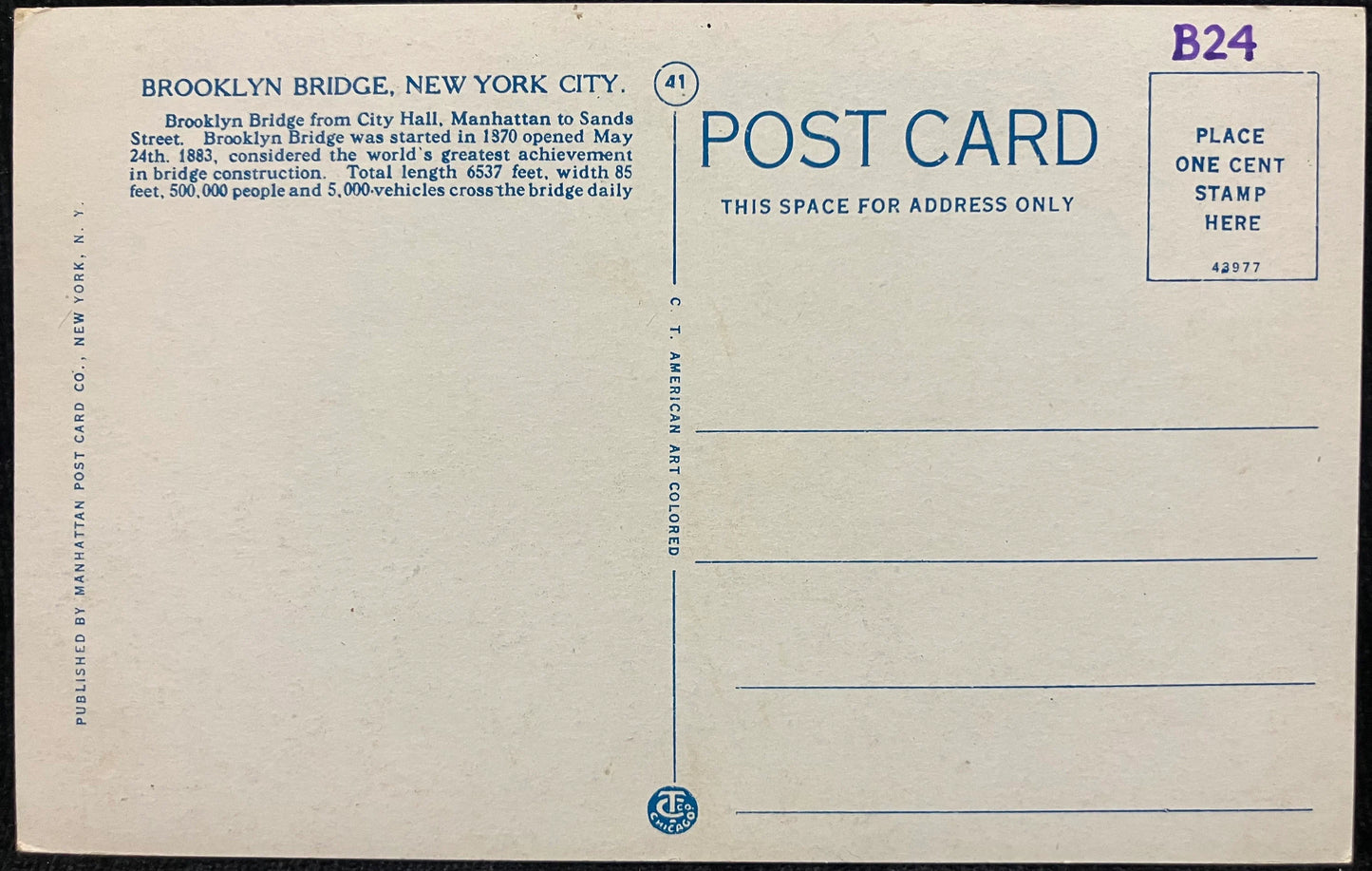 Brooklyn Bridge, New York City - New York - Great 1920s Color Tinted Photo of Birds eye view -Early 1900's Brooklyn Postcard