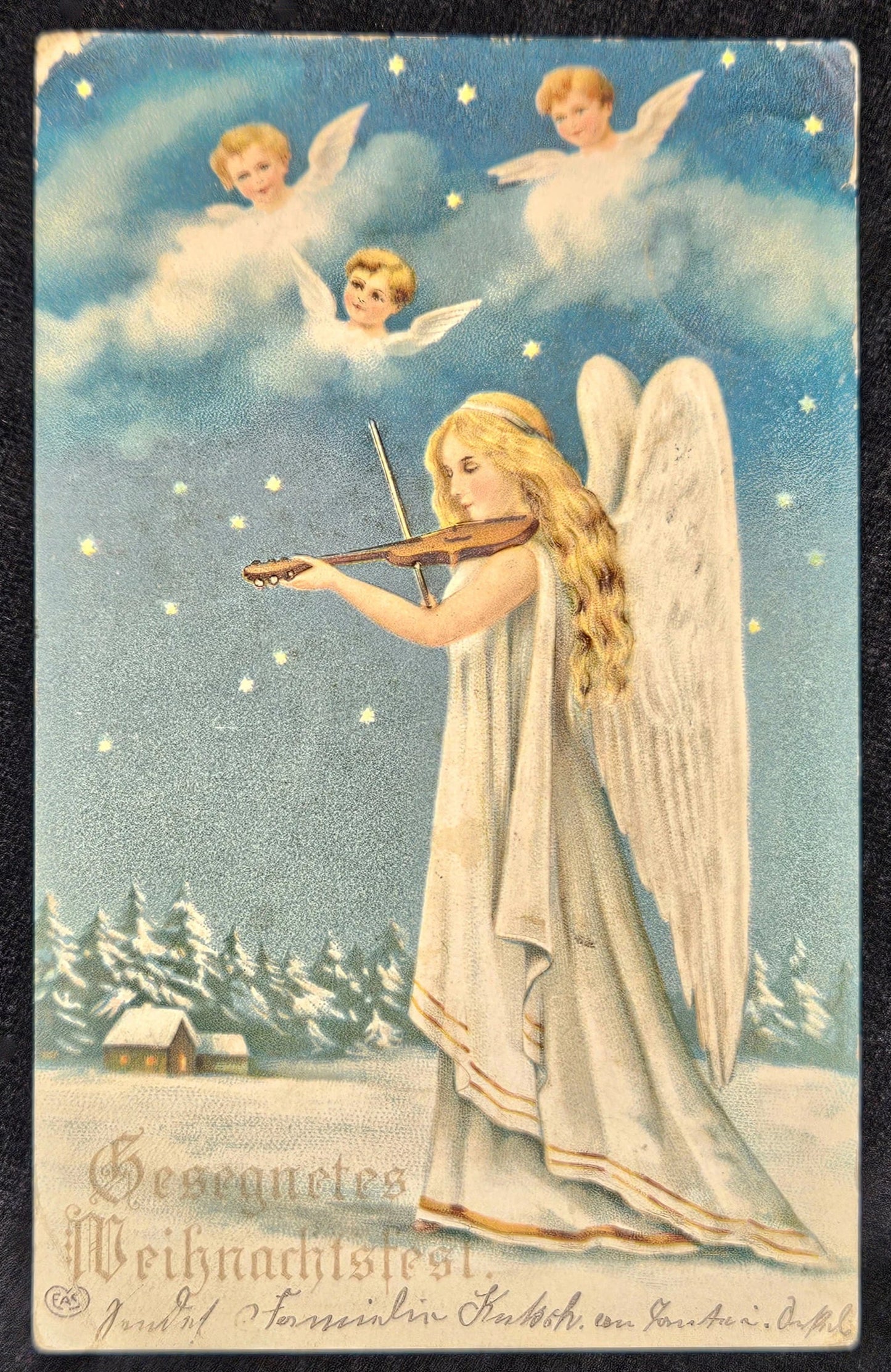 Angel Playing Violin With Cherubs with Snowy Night Time Landscape - German Christmas Postcard -