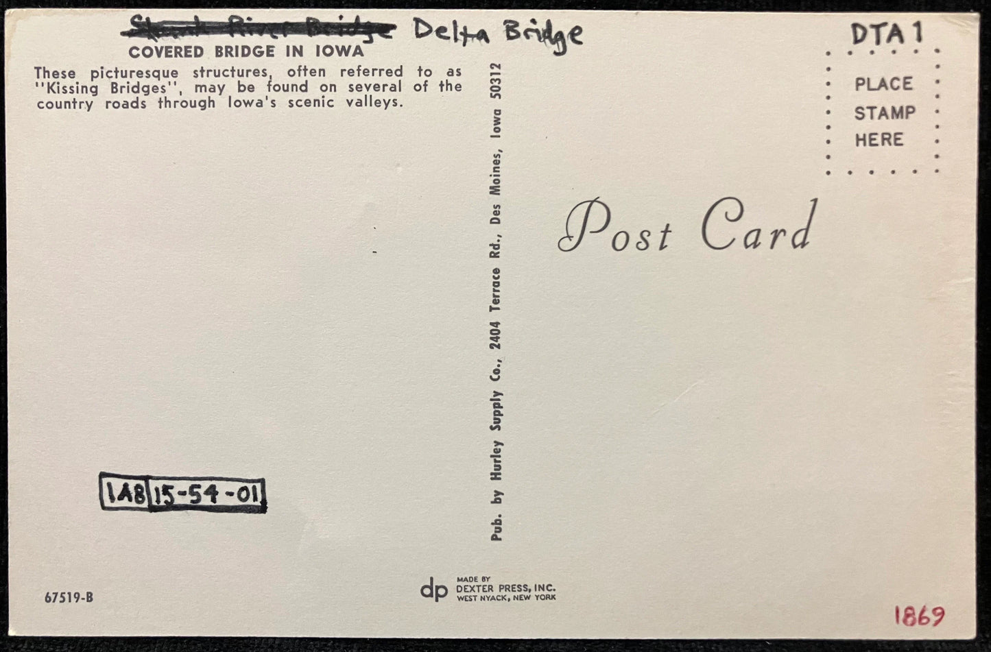Covered Bridge in Iowa - Delta Bridge - Vintage Covered Bridge Postcard