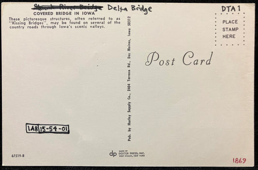 Covered Bridge in Iowa - Delta Bridge - Vintage Covered Bridge Postcard