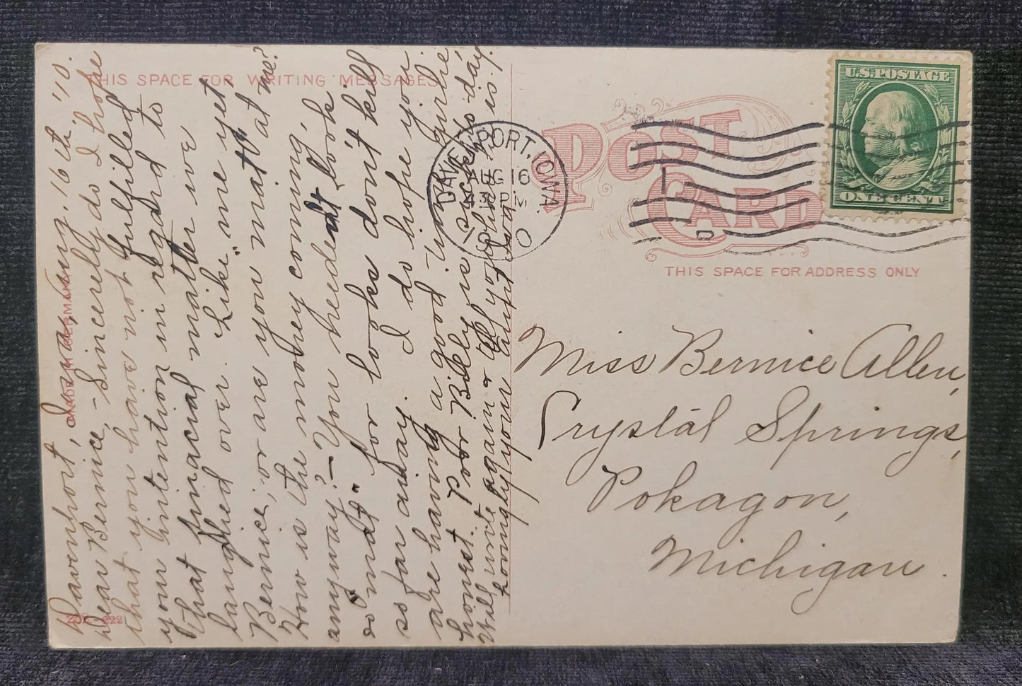 Moonlight on the Mississippi - Davenport, Iowa. - Made in Germany - Vintage Postcard