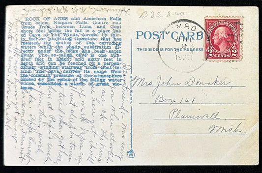 Back of postcard of Rock of Ages and American falls