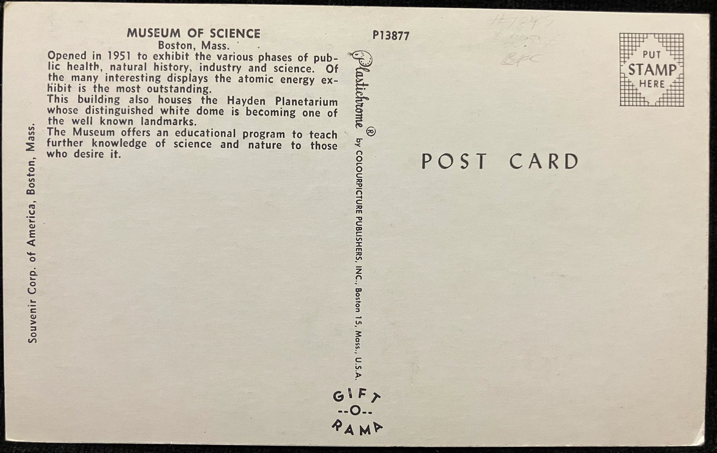 Museum of Science Boston, Mass. - Vintage Massachusetts Postcard - Boston Postcard