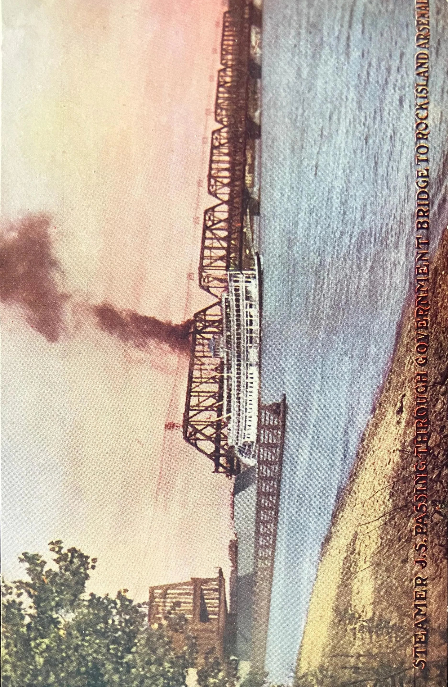 Steamer J. S. - Passing Through Government Bridge - Rock Island Arsenal - Vintage Bridge Postcard