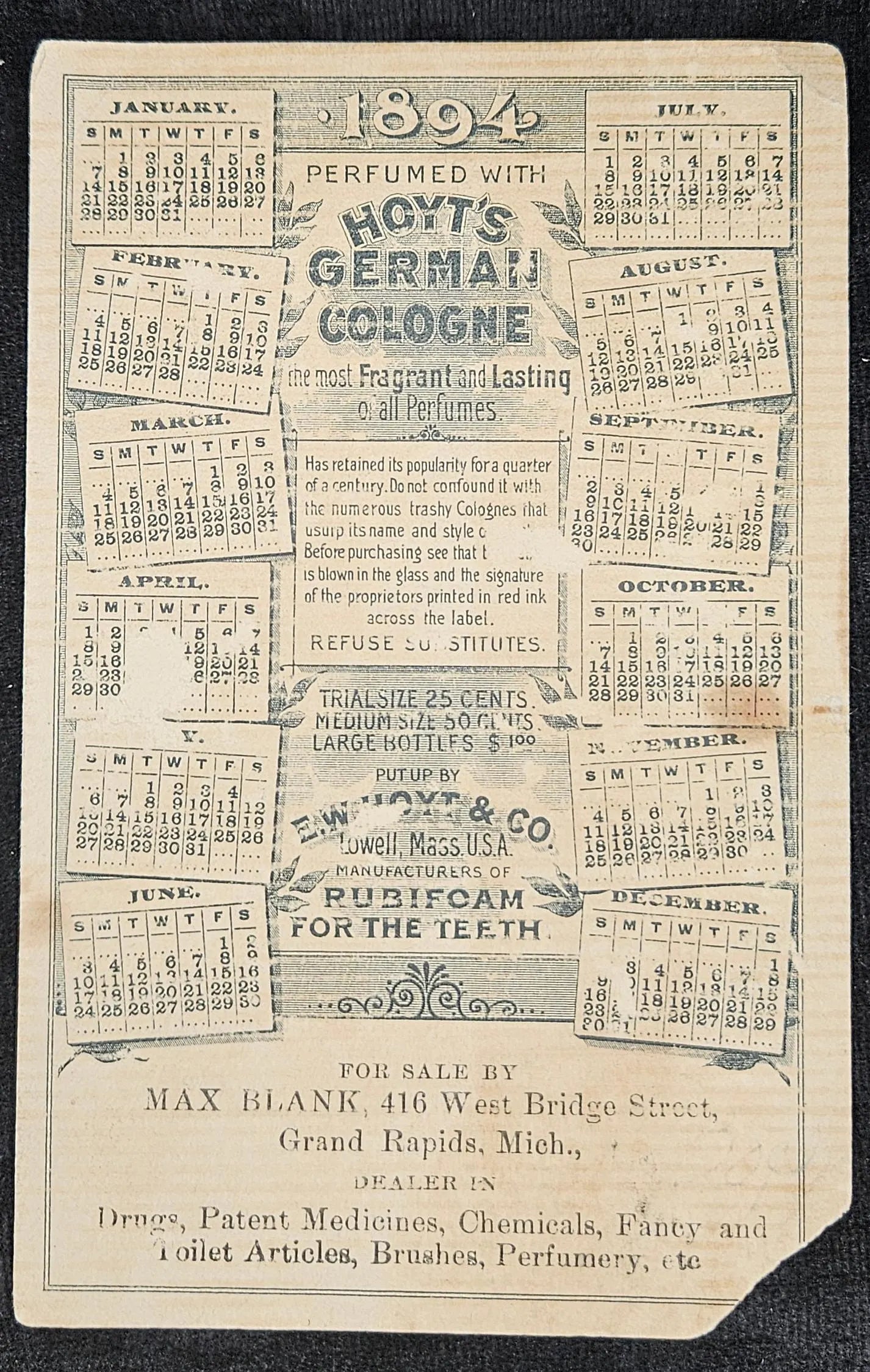 Ladies Perfumed Calendar - 1894 - Hoyt's German Cologne - Advertisement