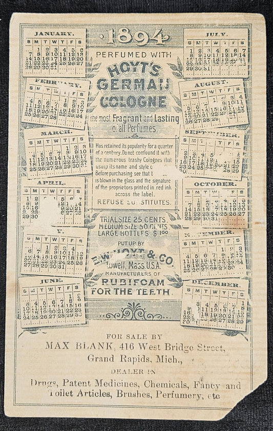 Ladies Perfumed Calendar - 1894 - Hoyt's German Cologne - Advertisement