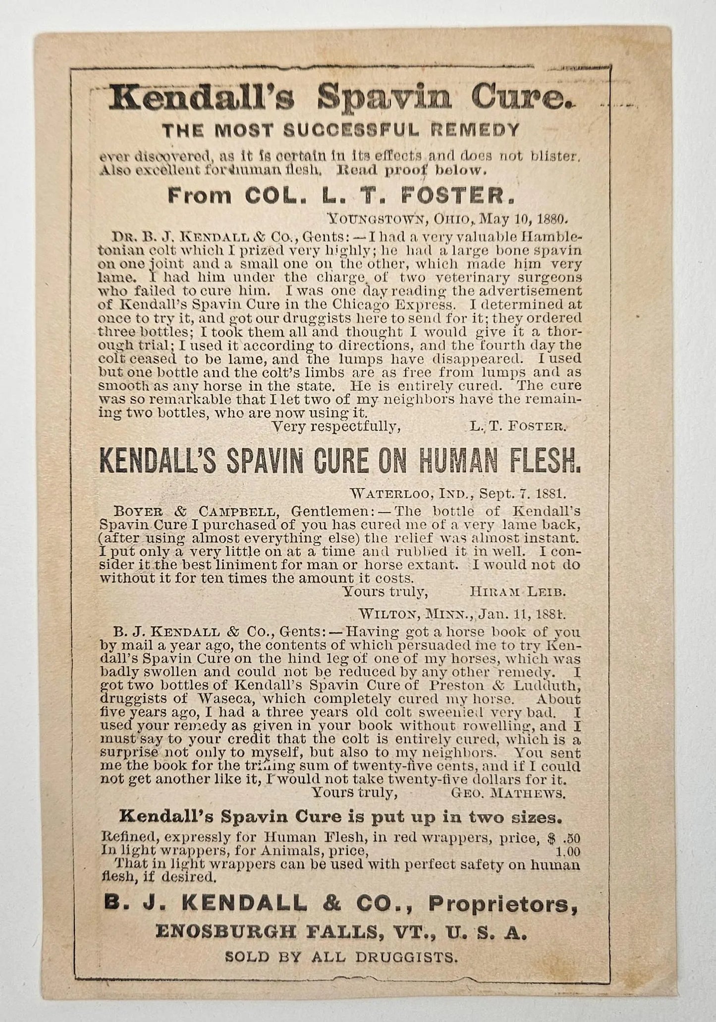 1880s Kendall's Spavin Cure for man and beast- Advertisement Trade Card- Enosburgh, Vermont