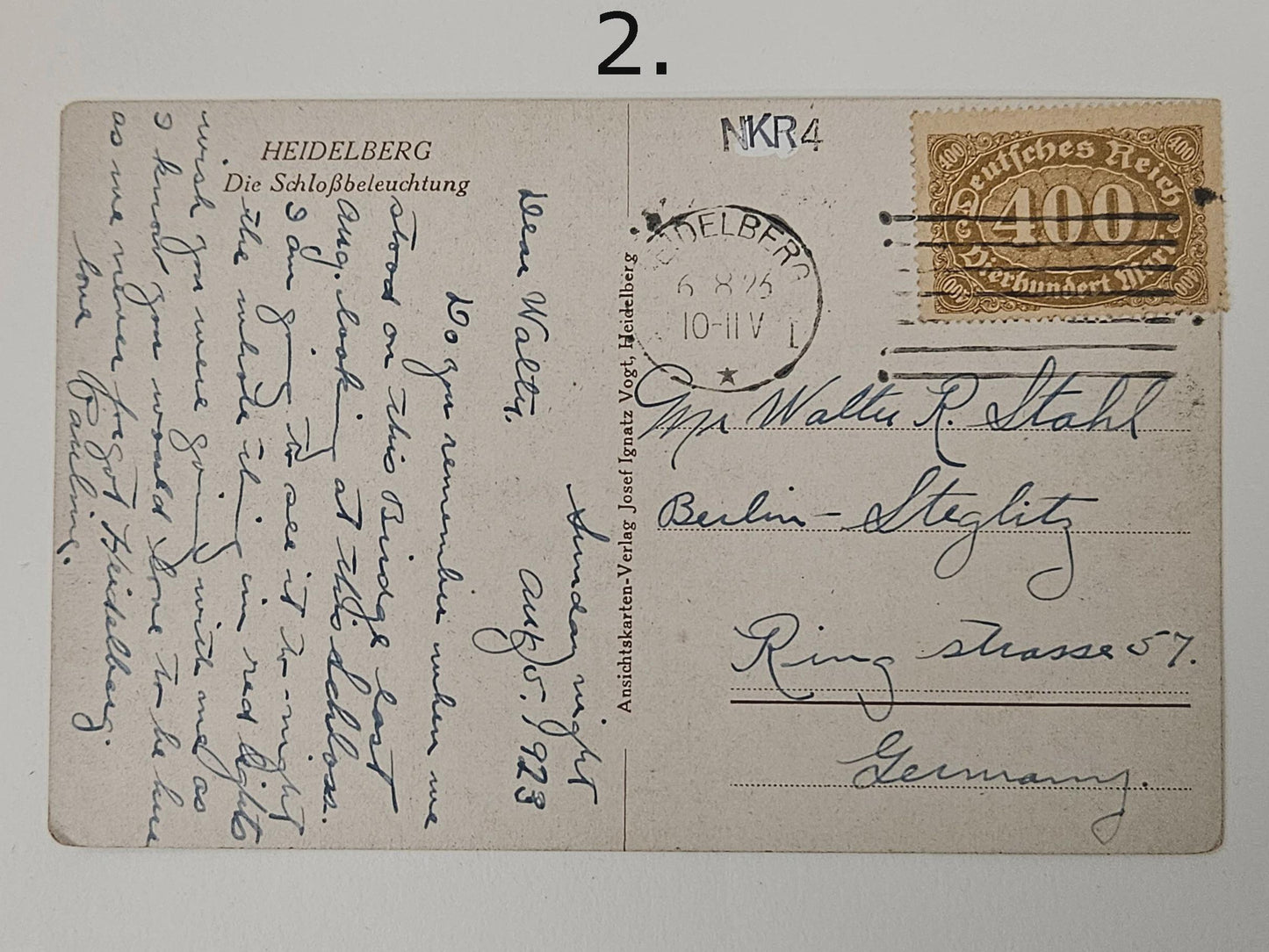1926 Heidelberg Germany Bridge Postcard- " Die Sclossbeleuchtung" - Germany Deutsches Reich 400 Mark 1922 Samp
