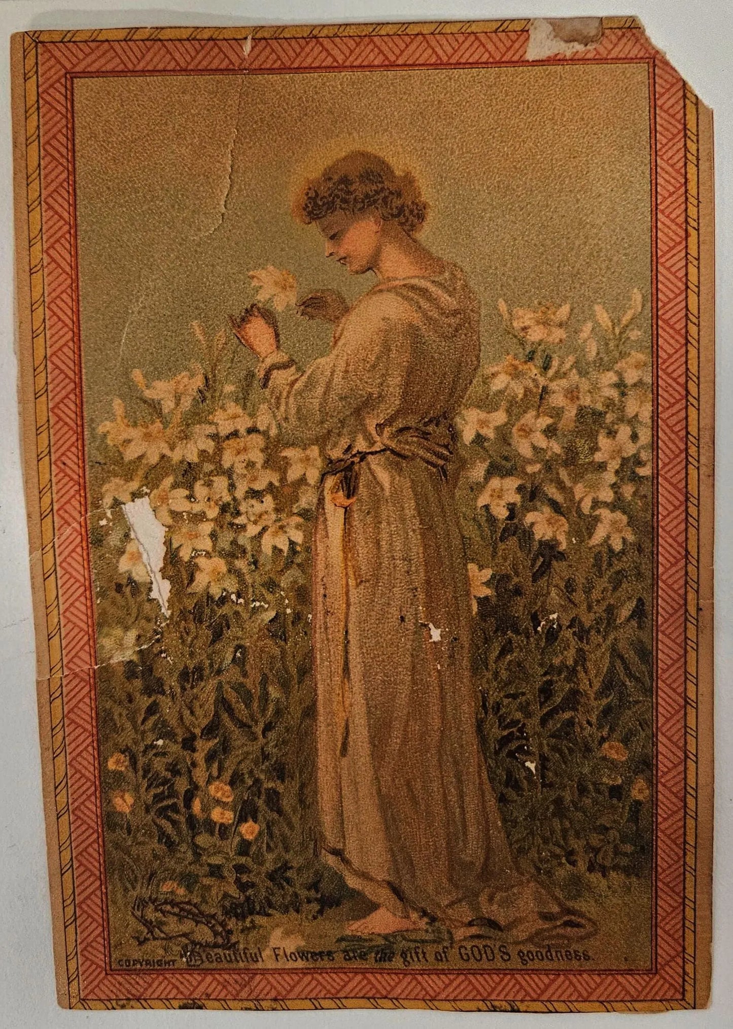 Art Nouveau Trade Card - Woman In White Robe Picking Flowers ' corner of card missing