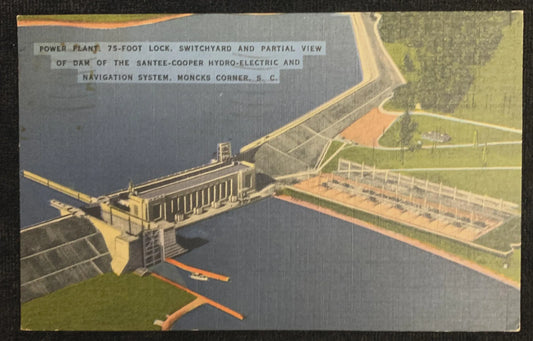 Power Plant, Partial View of Dam of the Santee-Cooper Hydro-electric and Navigation System, Moncks Corner, South Carolina - Vintage Postcard