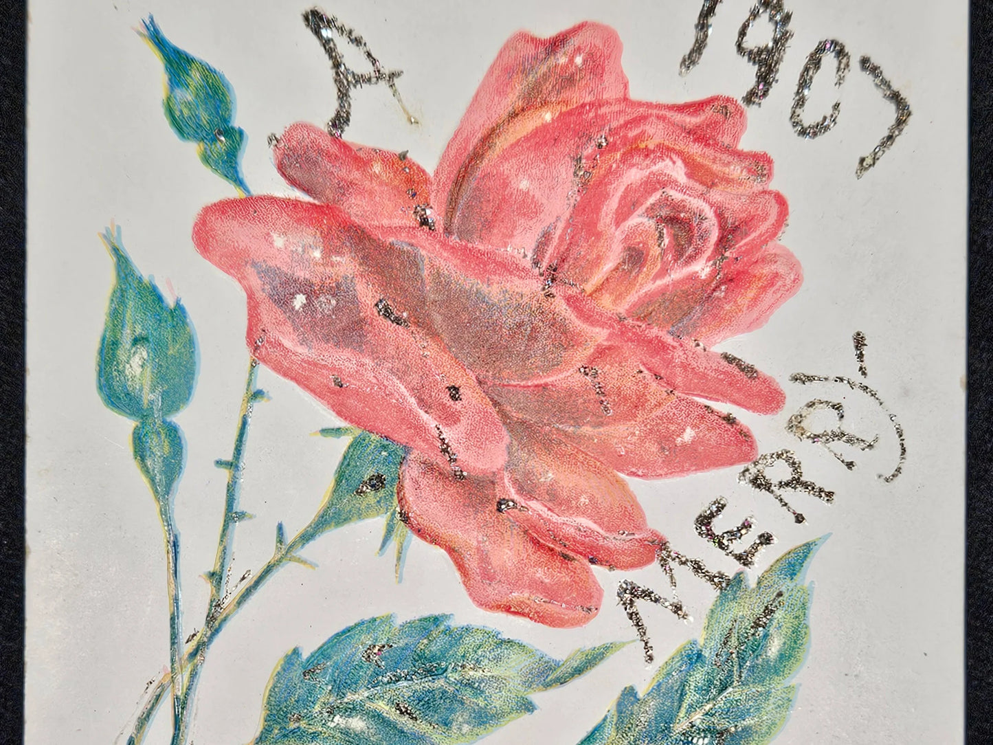 Embossed Red Rose on Christmas Postcard - Decorated With Glitter - "A 1907 Merry Christmas Lottie" - Very Early Christmas Postcard - unmailed