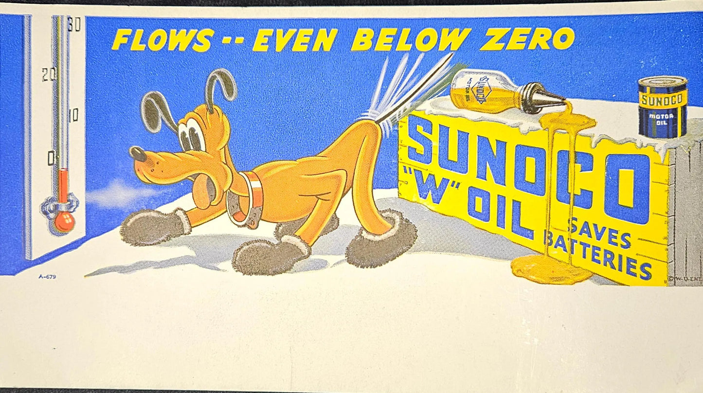 Sunoco "W" Oil "Flows Even Below Zero" - Sunco Advertisement - 1940 Trade Card Advertisement with Disney Pluto