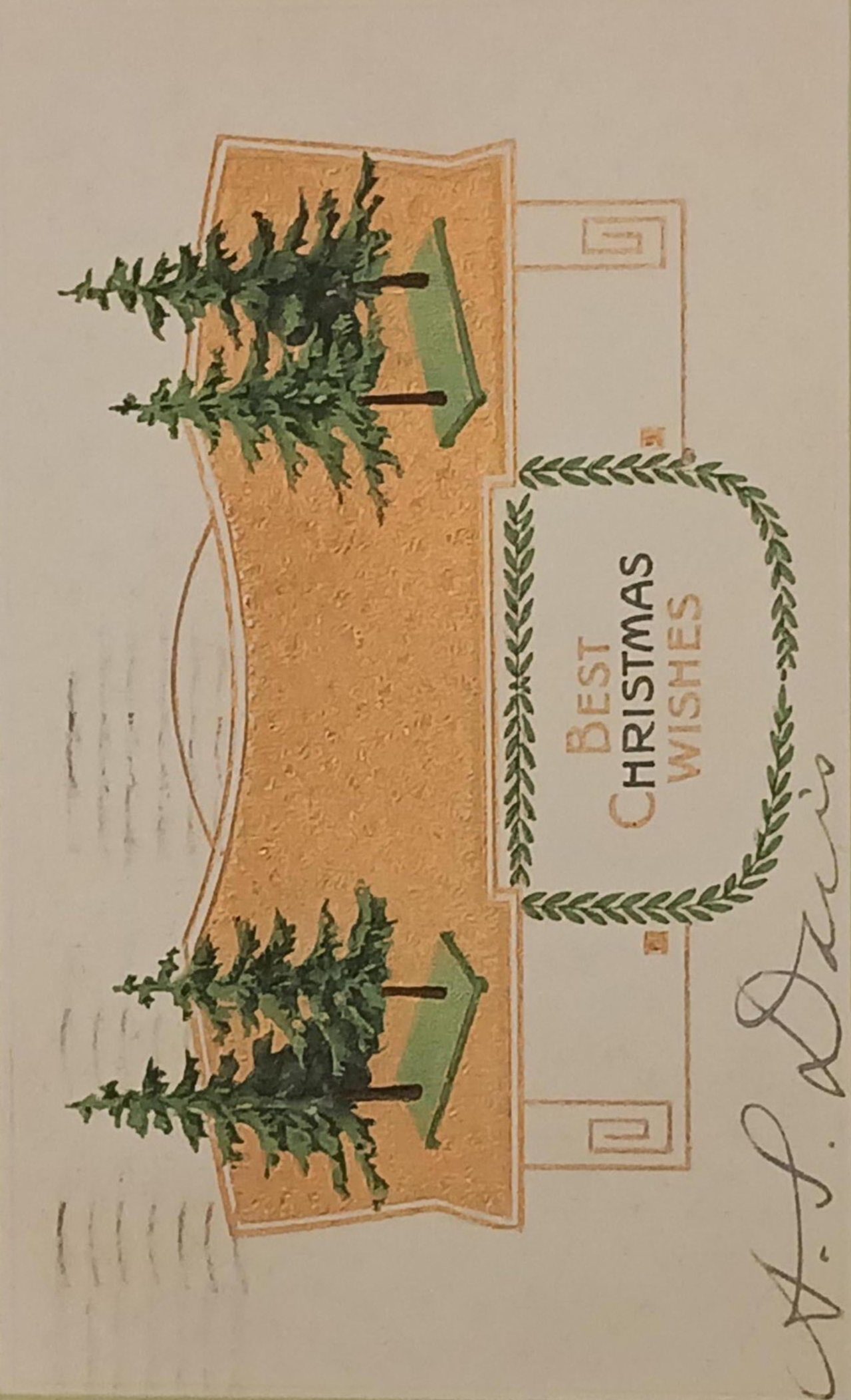 Best Christmas Wishes - Art Nouveau Christmas Post Card mailed 1911. Embossed Evergreen trees and gold engraving -missing left corner
