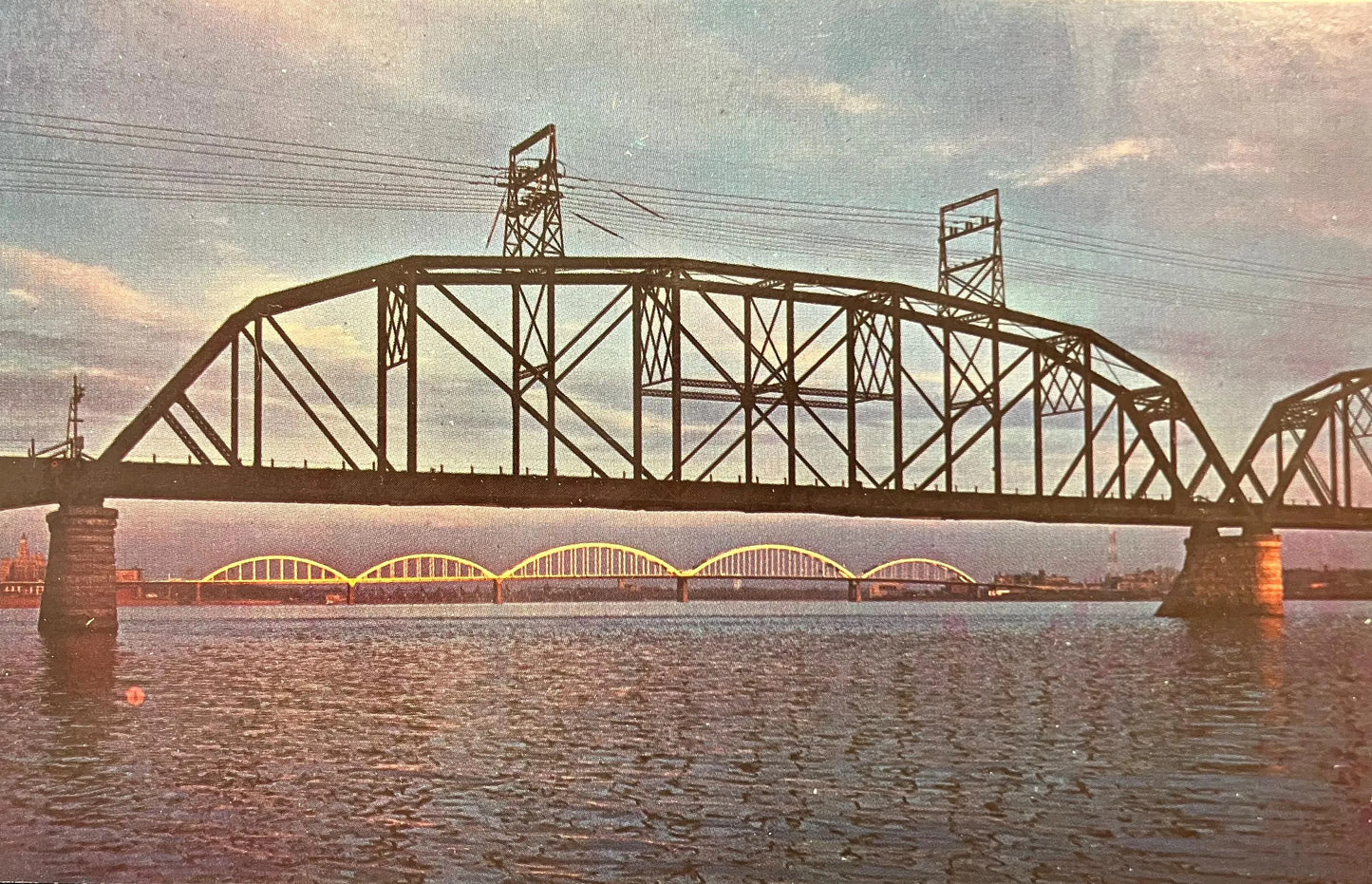 Sunset on the Mississippi River - Rock Island Centennial Bridge - Davenport, Iowa - Ektachrome by Rene Briegel - Vintage Bridge Postcard