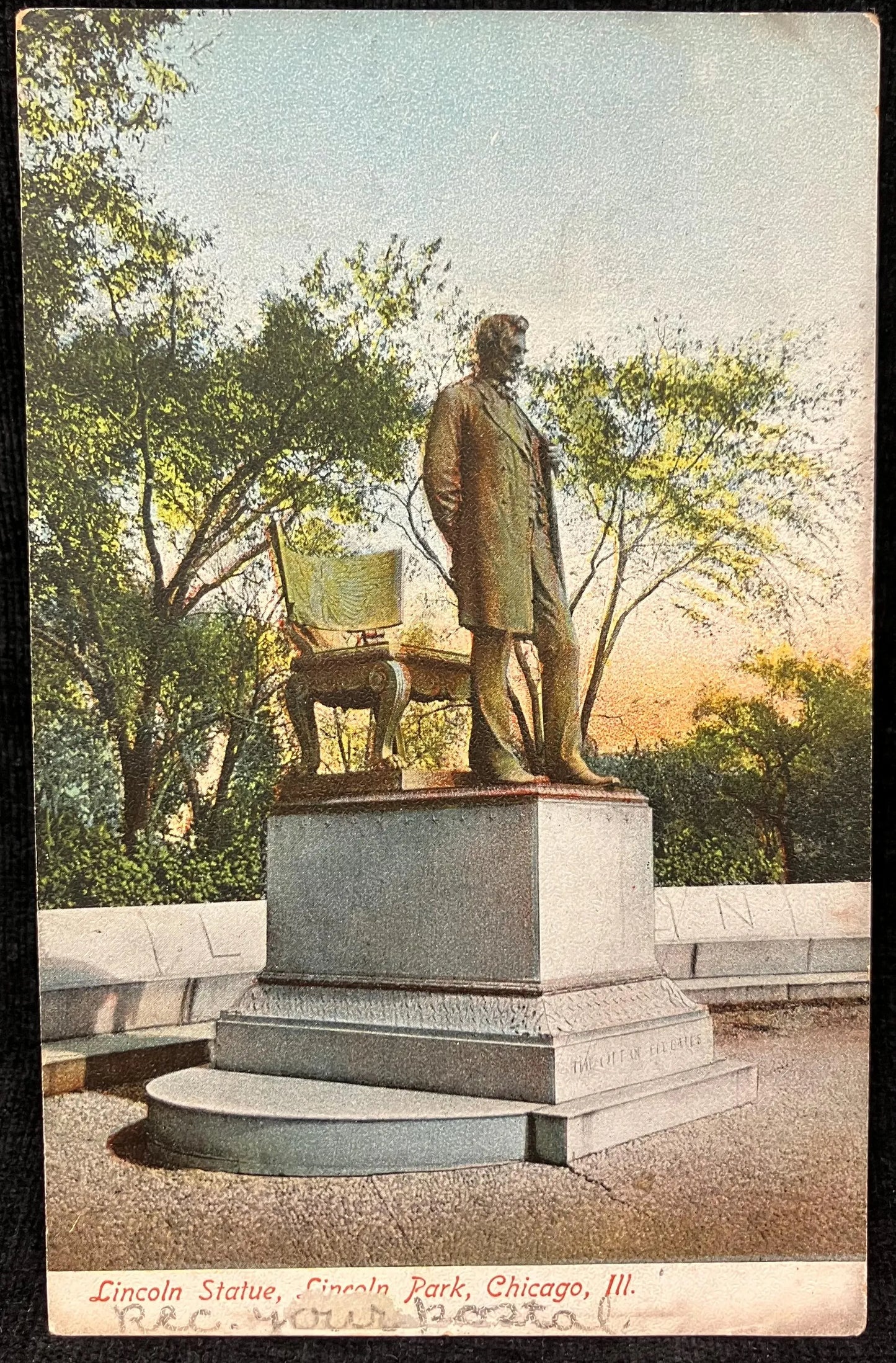 Lincoln Statue, Lincoln Park, Chicago, Illinois - Antique Chicago Park Postcard - 1900 Photo - Address only backside
