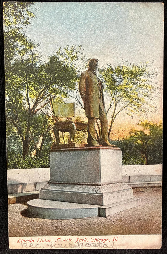 Lincoln Statue, Lincoln Park, Chicago, Illinois - Antique Chicago Park Postcard - 1900 Photo - Address only backside