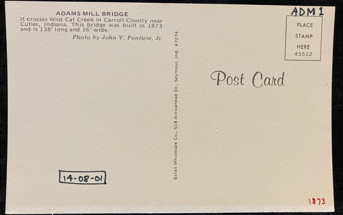 Adams Mill Bridge over Wild Cat Creek in Carroll County, Indiana - Photo byJohn V. Pontiere Jr. - Vintage Indiana Covered Bridge Postcard