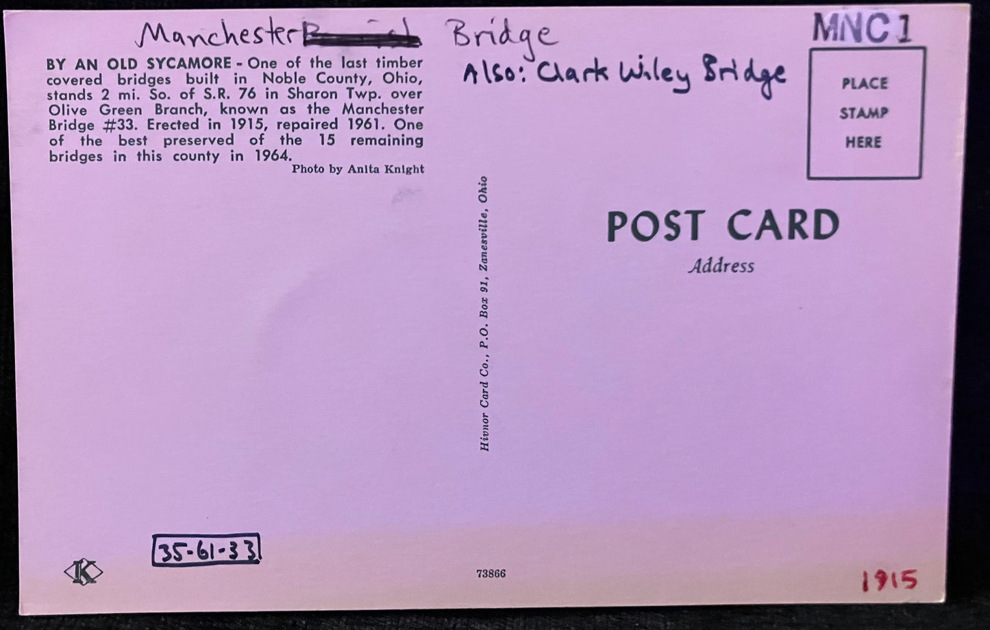 Manchester Bridge in Noble County, Ohio - Photo by Anita Knight - Vintage Ohio Postcard