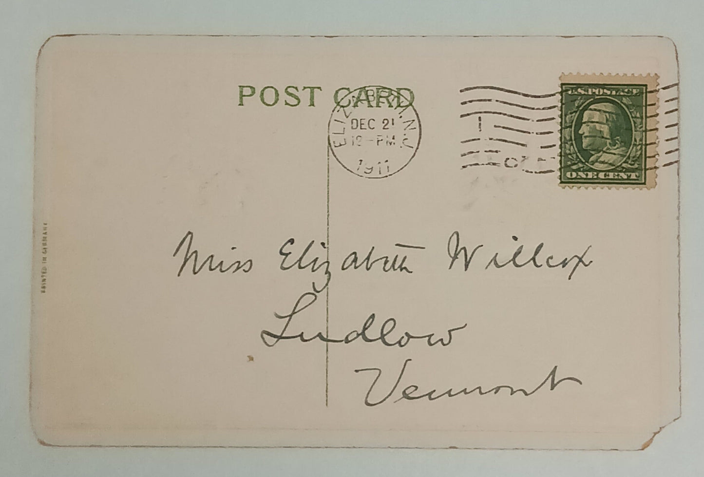 Best Christmas Wishes - Art Nouveau Christmas Post Card mailed 1911. Embossed Evergreen trees and gold engraving -missing left corner