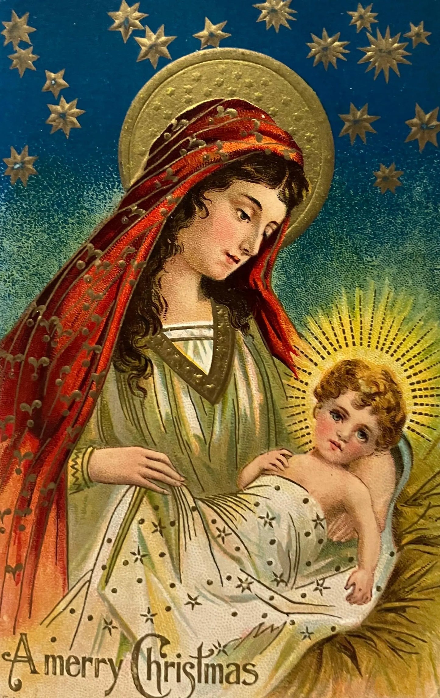 Vintage-style illustration of a woman holding a child with 'A Merry Christmas' text, surrounded by stars.