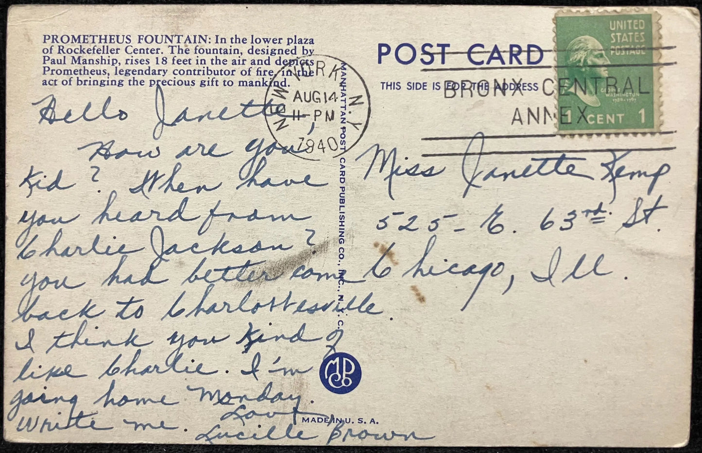 Prometheus Fountain in Rockefeller Center, New York City - Photo by Newspictures - Vintage Postcard