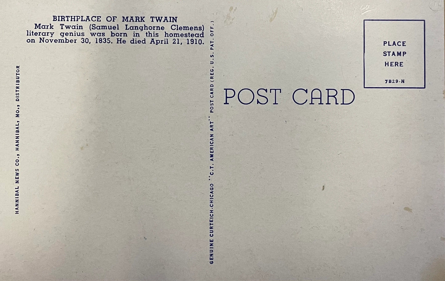 The Birthplace of Mark Twain, Florida, Missouri, Near Hannibal, Missouri - Vintage Linen Postcard