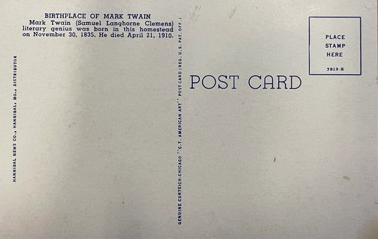 The Birthplace of Mark Twain, Florida, Missouri, Near Hannibal, Missouri - Vintage Linen Postcard