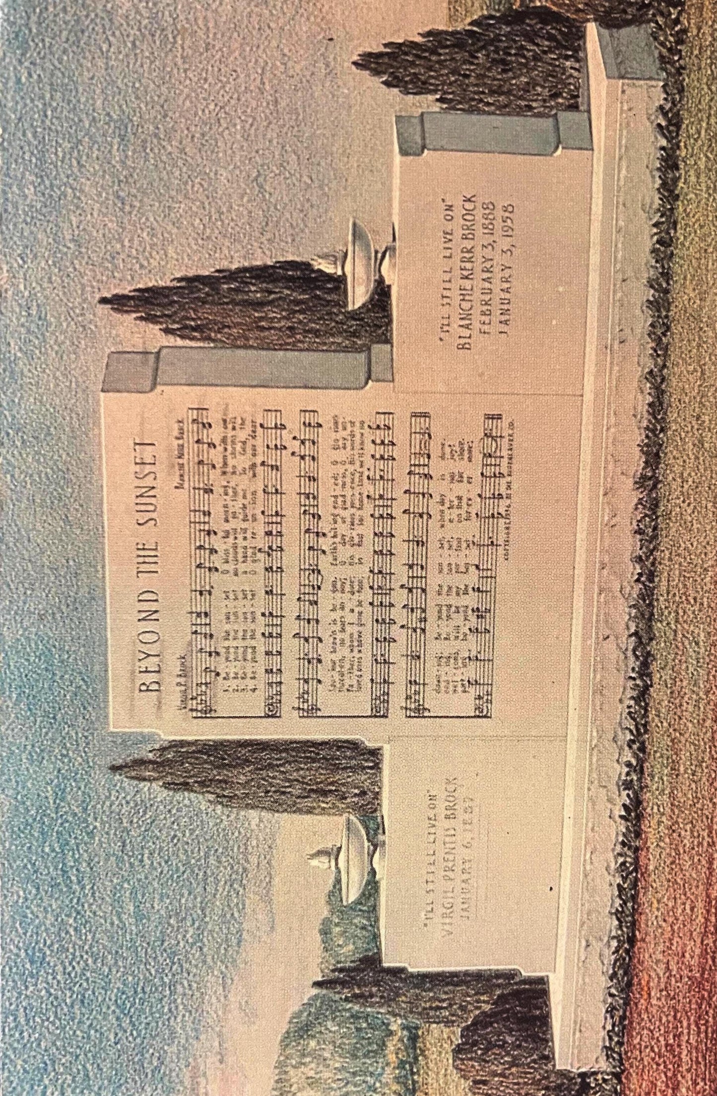 Beyond the Sunset Memorial to Blanche Kerr Brock at Oakwood Cemetery, Warsaw, Indiana - Cemetery Postcard -World's Greatest Bible conference