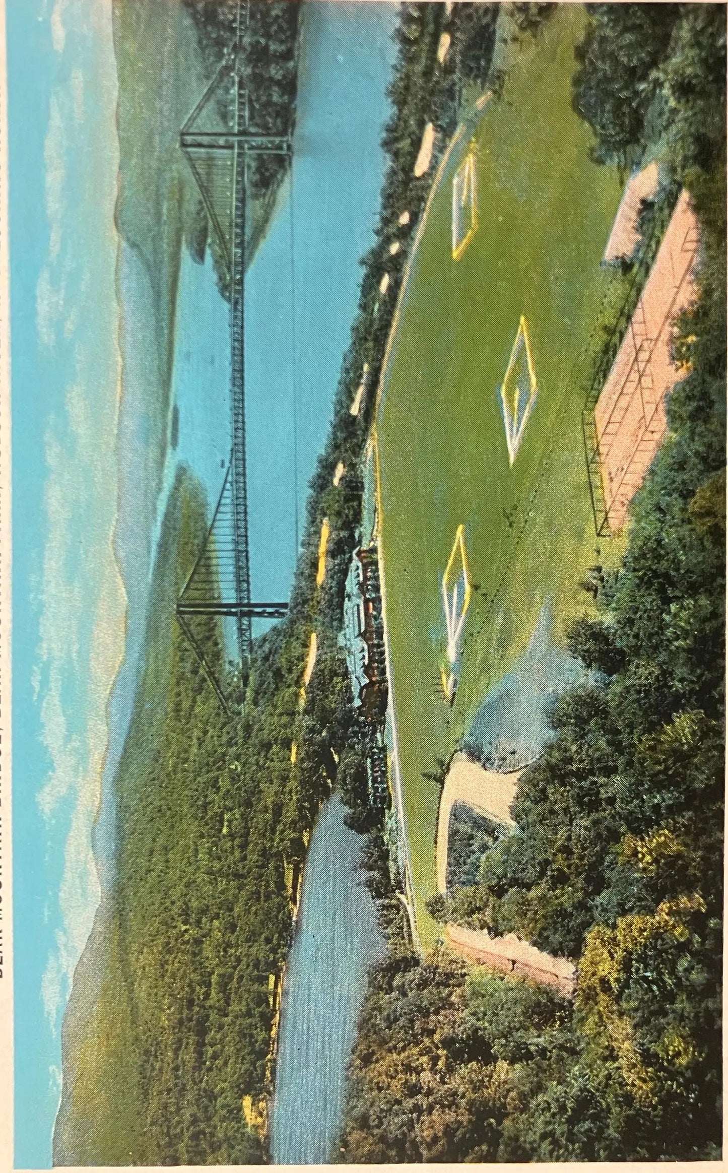 Bear Mountain Bridge, Bear Mountain Park, Hudson River, New York, Looking North - Vintage Aerial View of Bridge Postcard