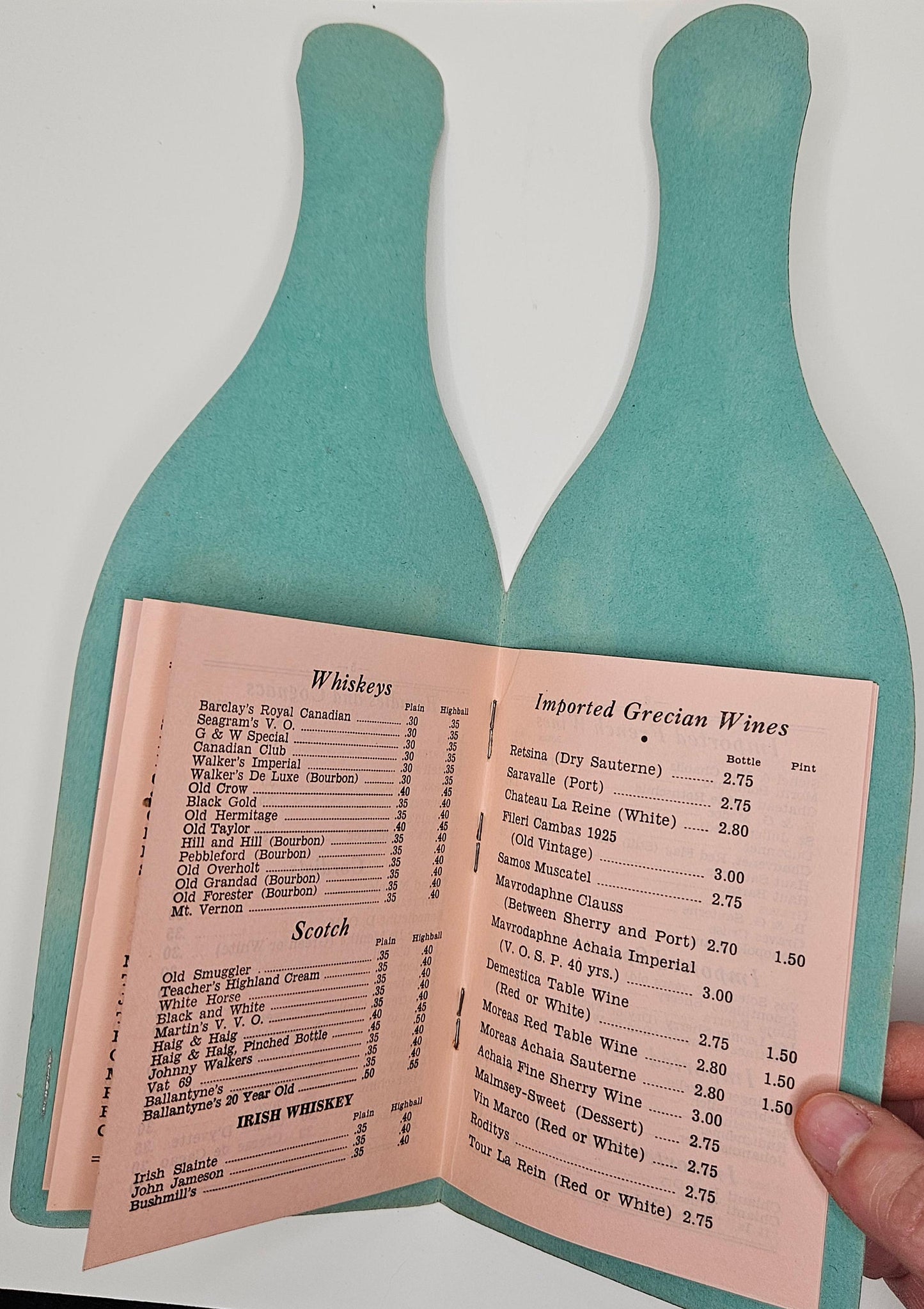 1930s Sea Food Grotto -Detroit - Wine List Menu Shaped Like Bottle - Vintage Folding Card