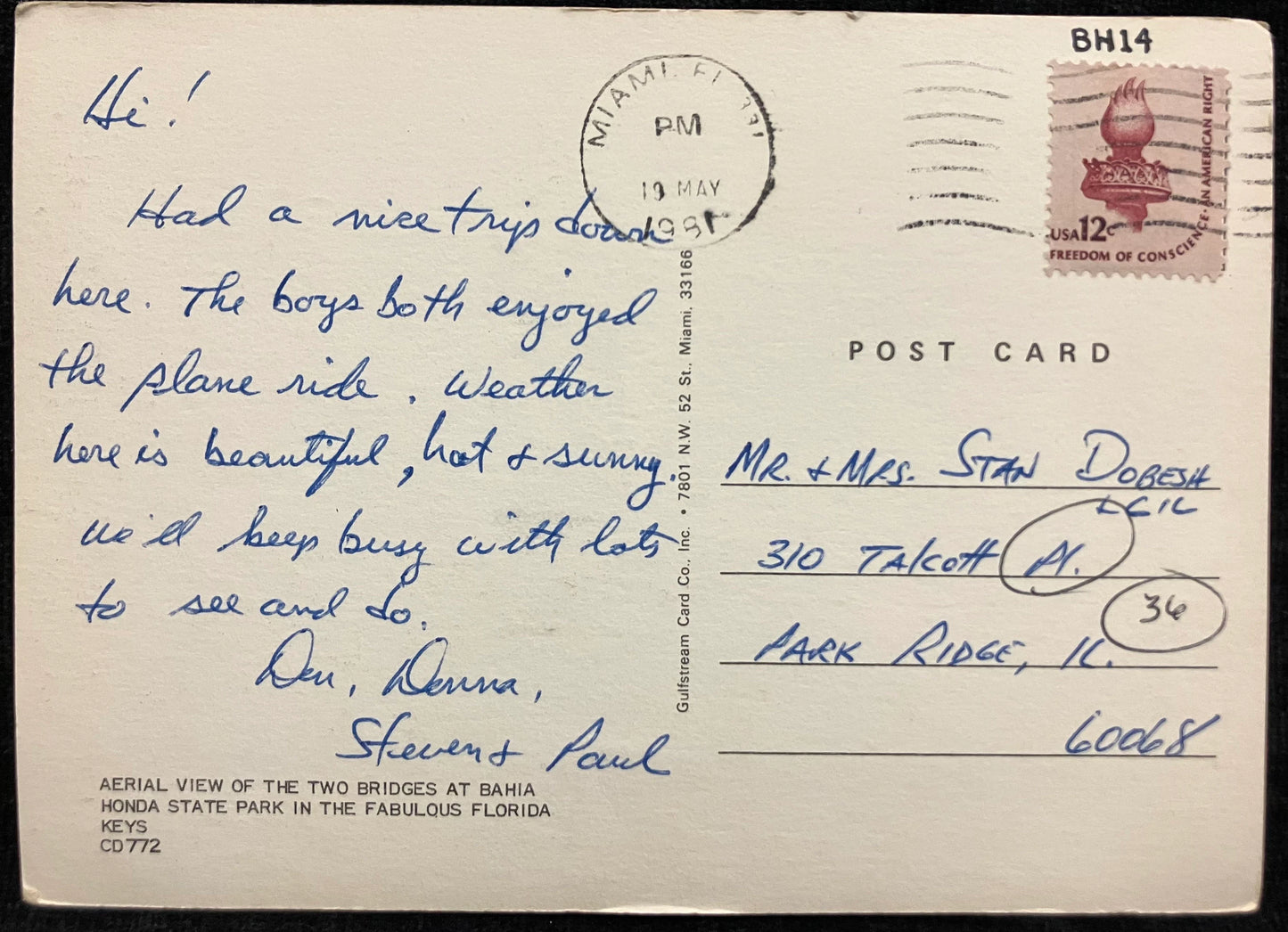 Bahia Honda State Park, Florida Keys - Vintage Postcard - with Twelve Cent Freedom of Conscience An American Right Flame of Liberty stamp