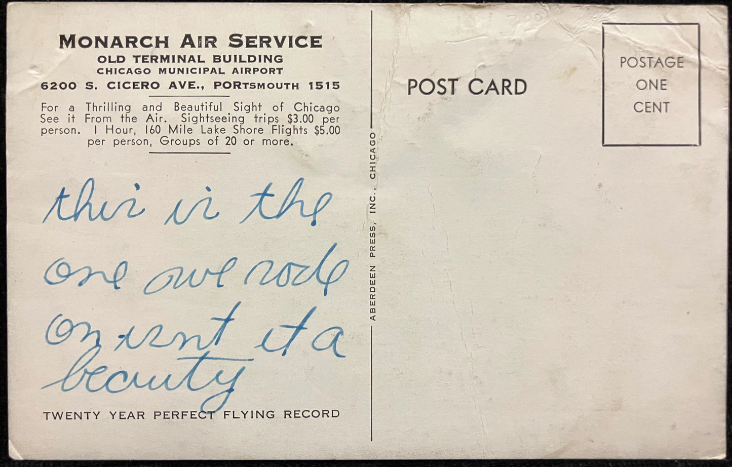 Chicago as Seen from the Air - 1950s Advertising Postcard Sight-Seeing Flights Over Chicago, Illinois - Vintage Airplane Postcard