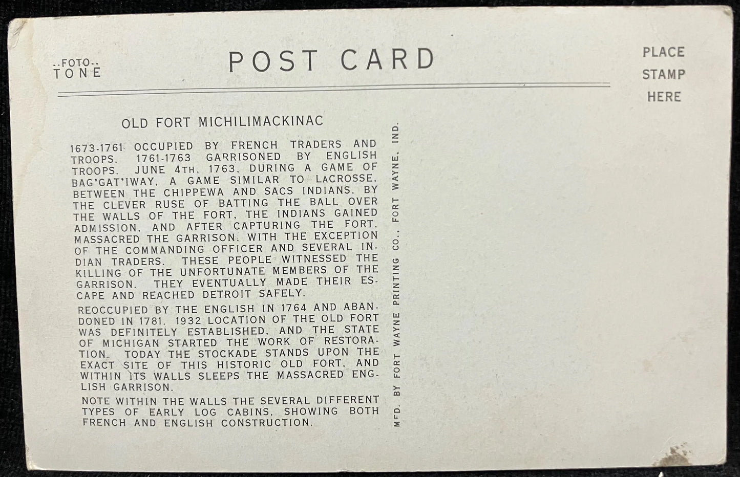 Old Fort Michilimackinac 1673-1781 - Vintage Black and White Postcard