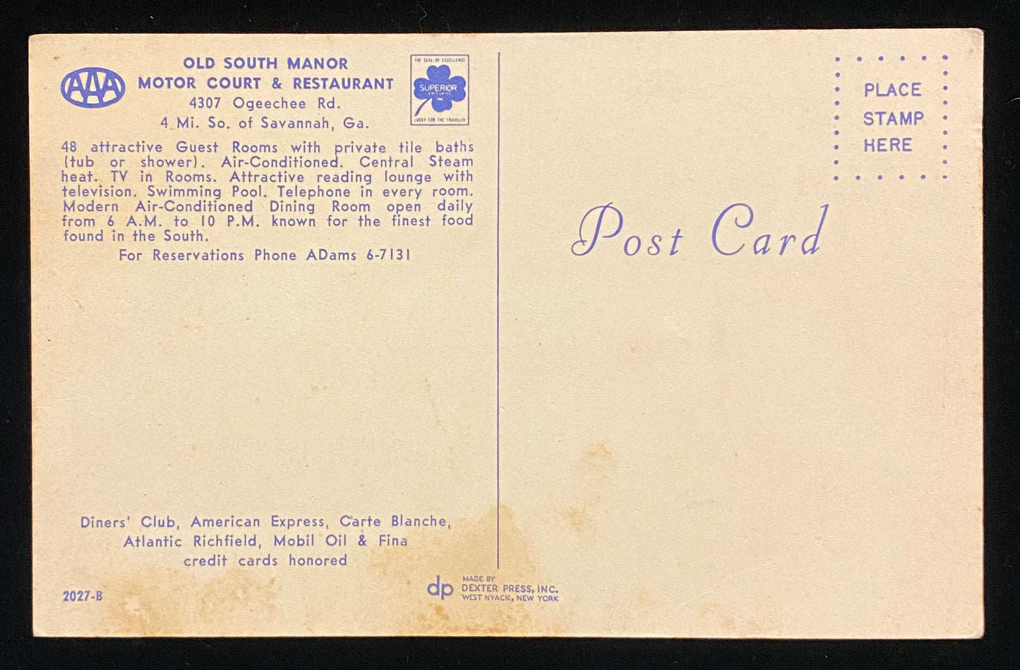 Old South Manor Motor Court & Restaurant, Savannah, Ga. - Vintage Postcard