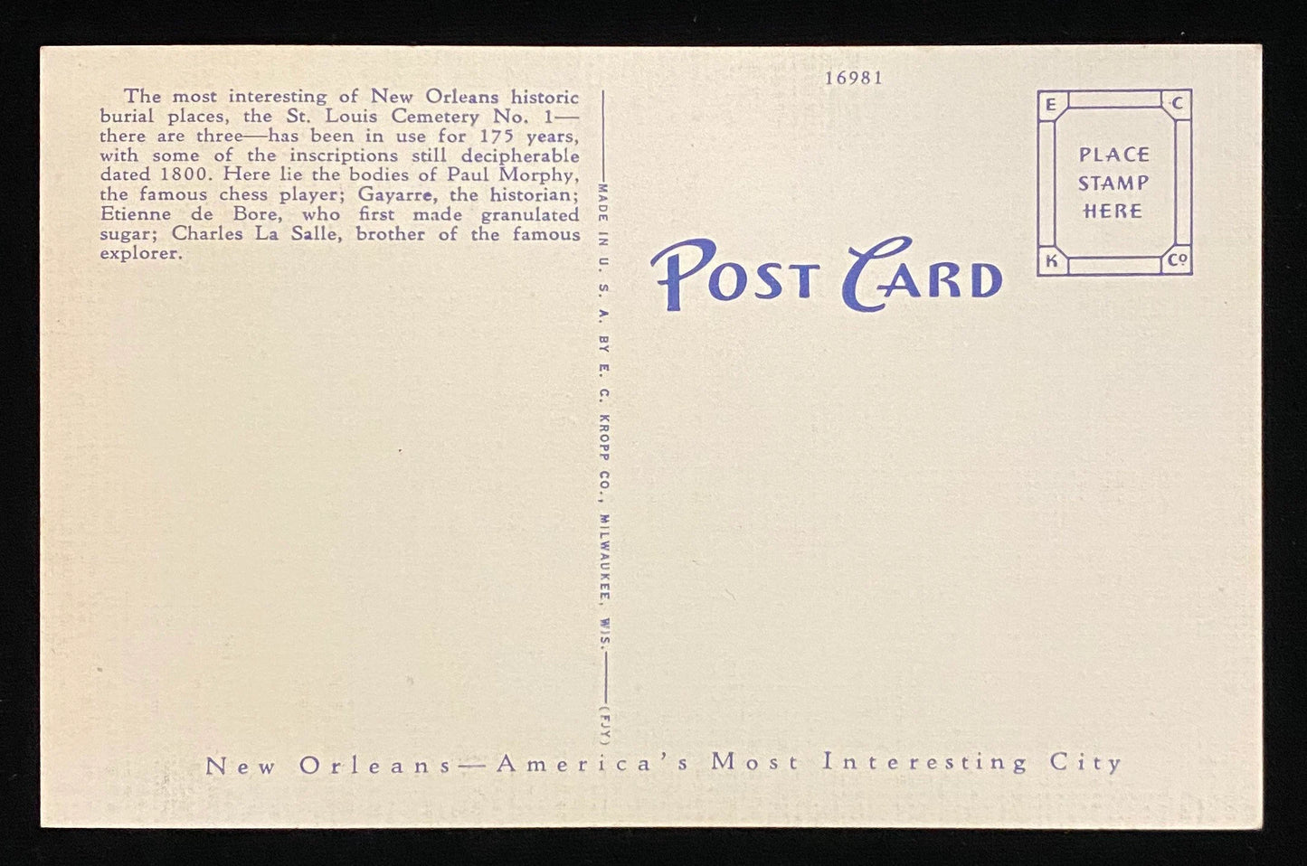 Old St. Louis Cemetery, New Orleans, Louisiana - 1940s Linen Postcard