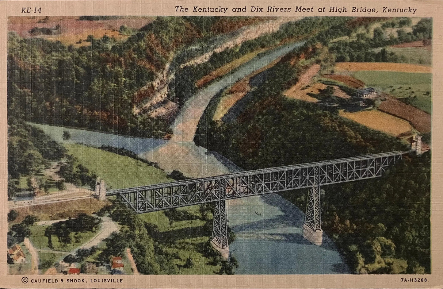 The Kentucky and Dix Rivers Meet at High Bridge - Kentucky - 1940s Linen Postcard