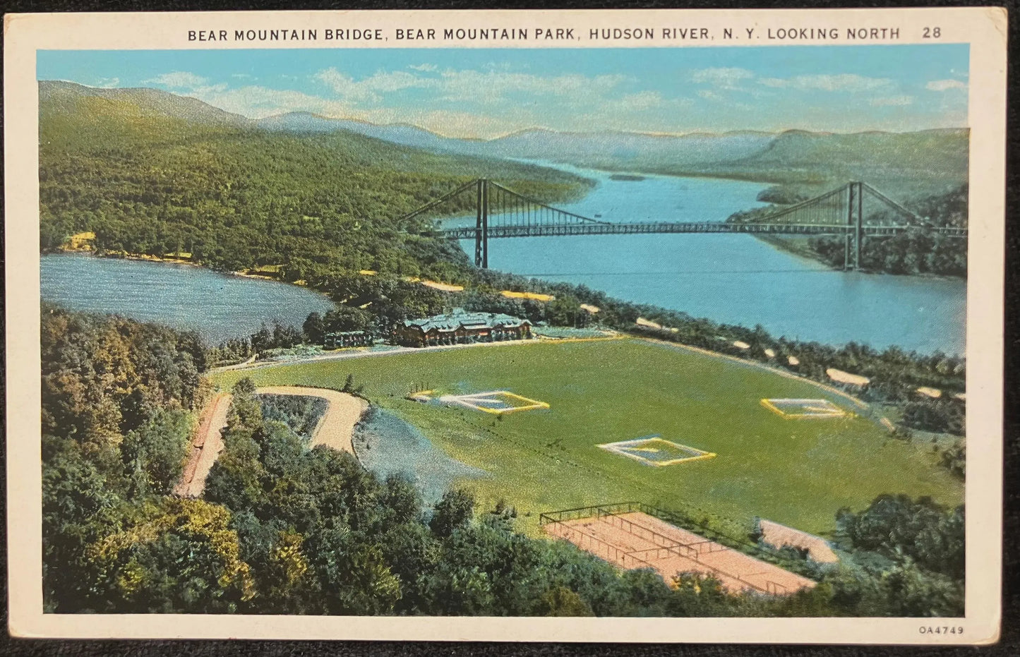 Bear Mountain Bridge, Bear Mountain Park, Hudson River, New York, Looking North - Vintage Aerial View of Bridge Postcard