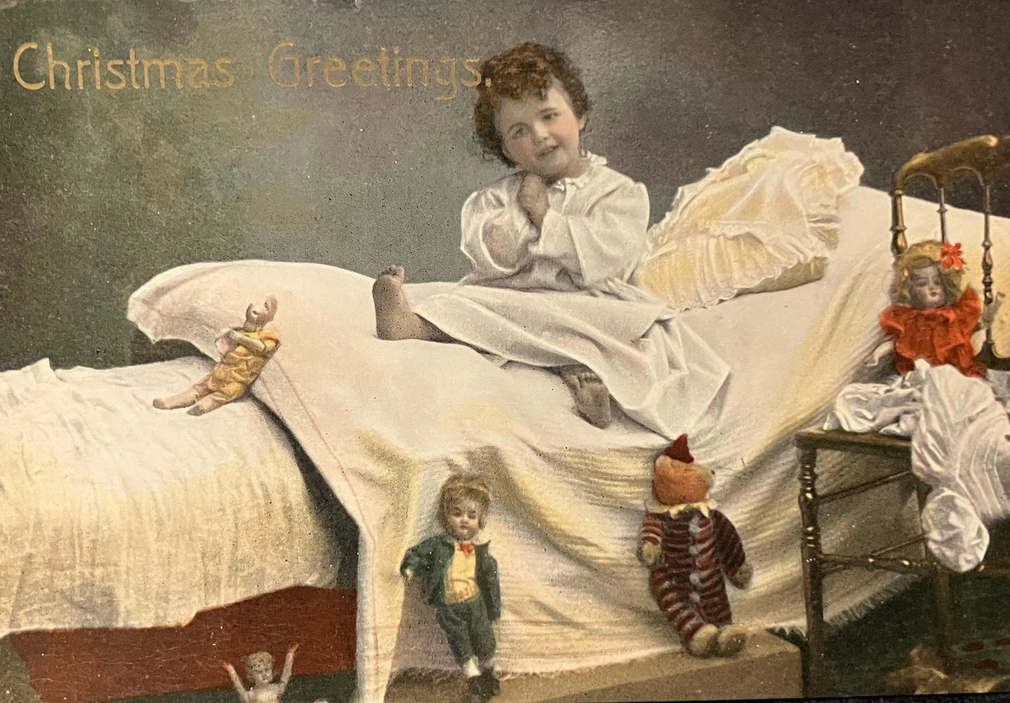 Christmas Greetings - Happy Child in Bed with Christmas Toys - Victorian Scene - Made in Saxony - Real Photo Post Card