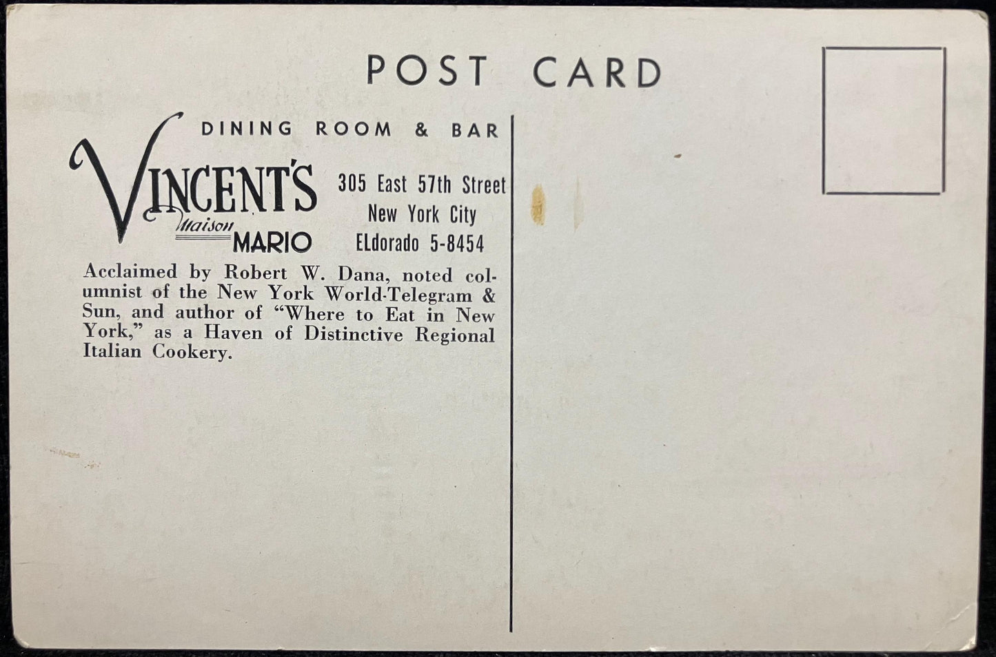 Vincent's Maison Mario - New York City - Vintage Black and White Postcard