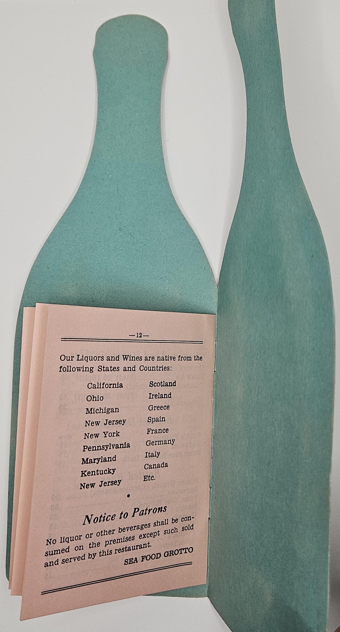 1930s Sea Food Grotto -Detroit - Wine List Menu Shaped Like Bottle - Vintage Folding Card