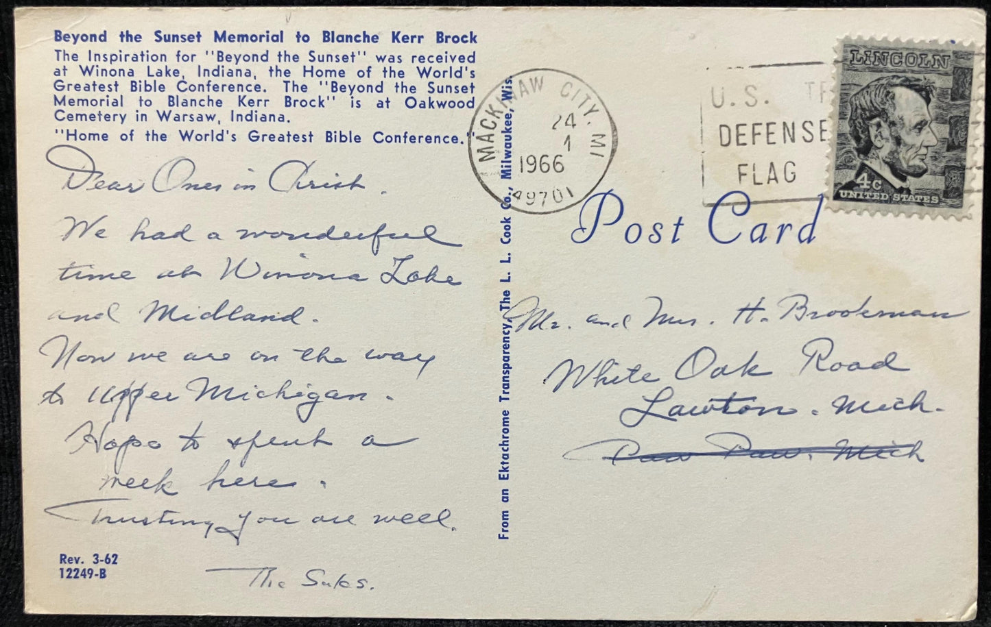Beyond the Sunset Memorial to Blanche Kerr Brock at Oakwood Cemetery, Warsaw, Indiana - Cemetery Postcard -World's Greatest Bible conference