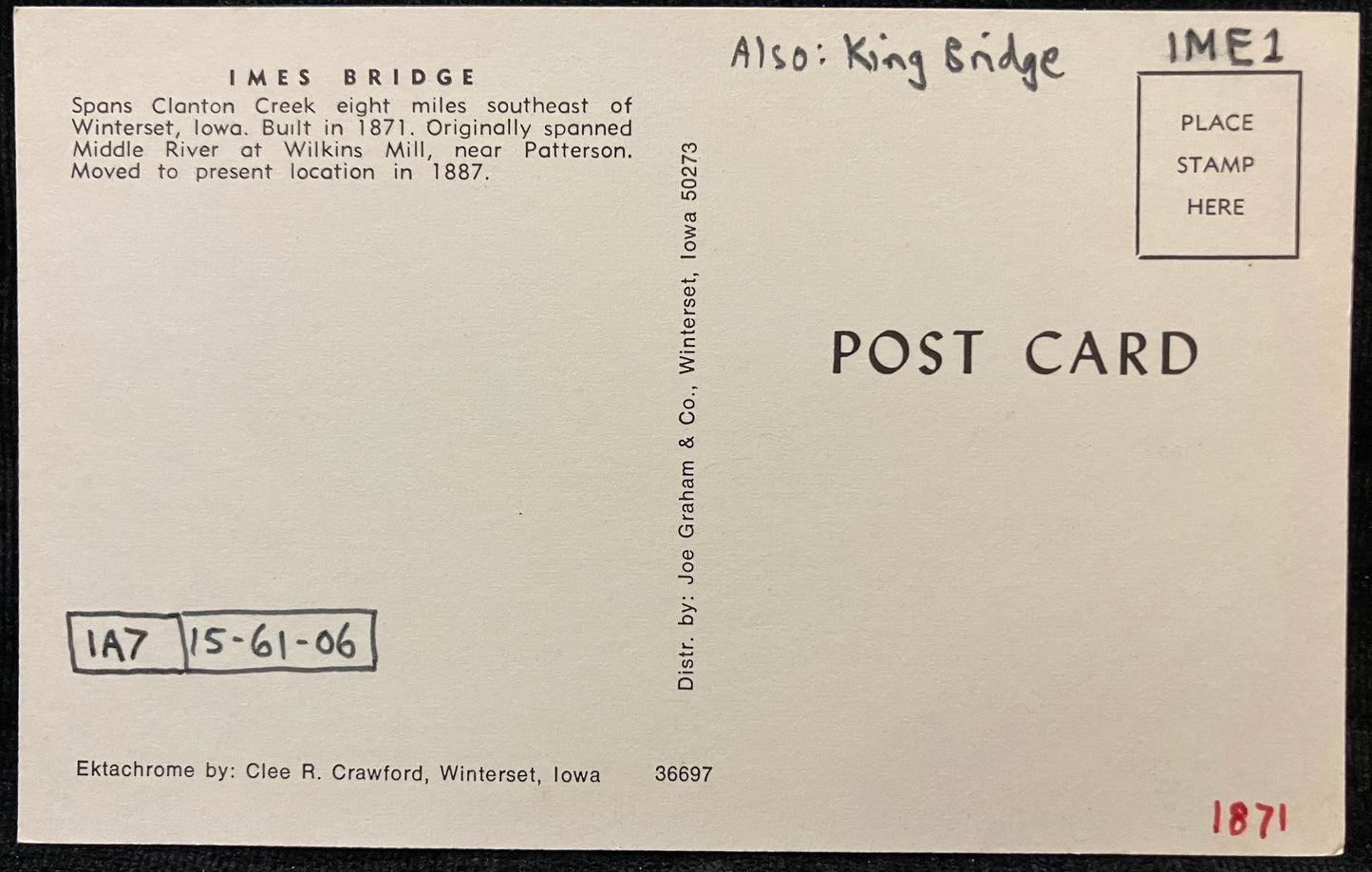 Imes Bridge - Iowa - Ektachrome: Clee R. Crawford - Vintage Covered Bridge Postcard