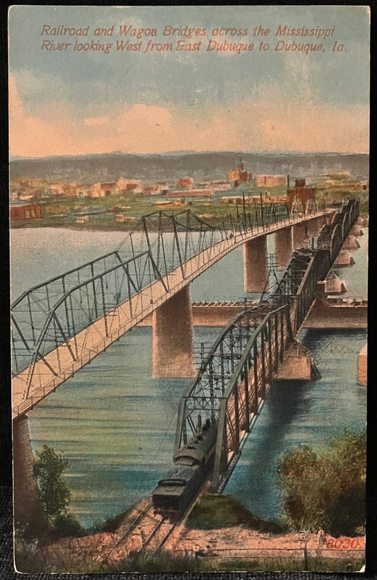Railroad and Wagon Bridges across the Mississippi River looking West from East Dubuque to Dubuque, Iowa - Made in Germany - Vintage Postcard