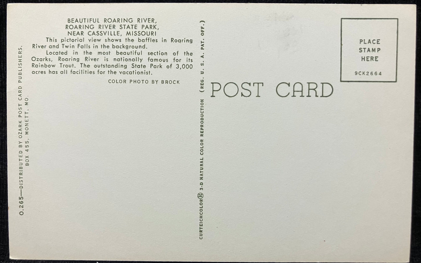 Roaring River State Park near Cassville, Missouri - Photo: Brock - Vintage State Park Postcard